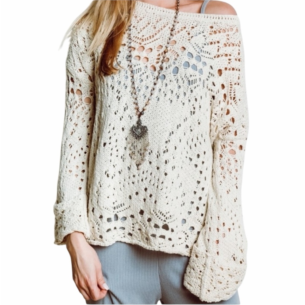 Free People Traveling Cream Crochet Knit Sweater Cream Boho Bell Sleeve Small